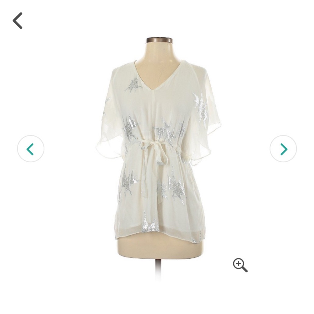 💫 bebe white silk silver lurex Star festival top